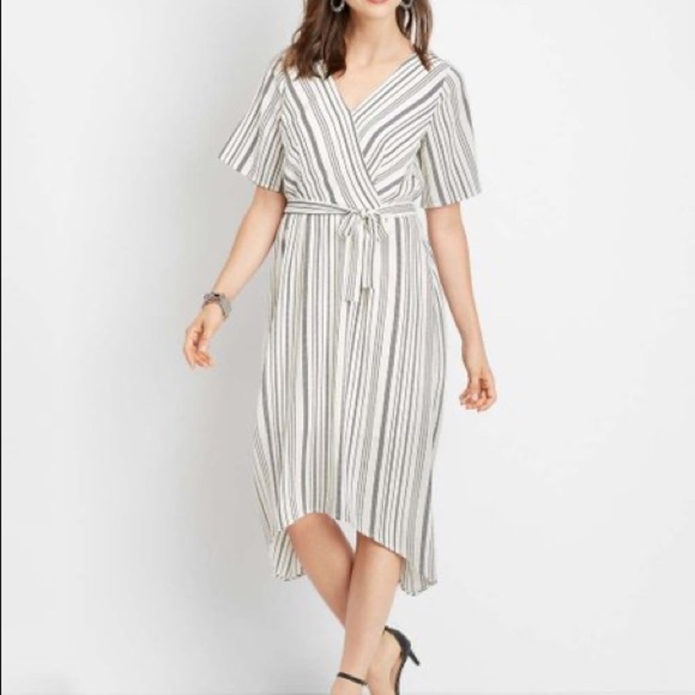 Maurices Midi Black White Striped Faux Wrap Dress